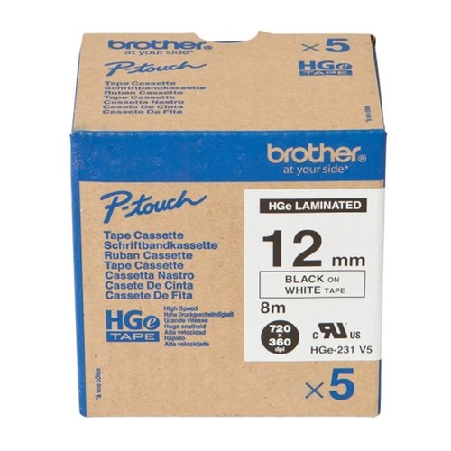 Brother HGe-231 5 Pack Black On White Original Ribbon 12mm x 8m - PTE100