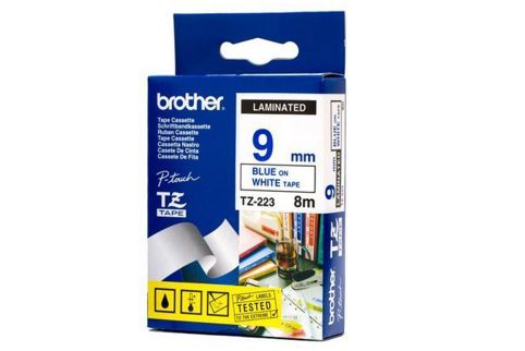 Brother TZ-223 Mavi Üzerine Beyaz Lamine Etiket 9 mm - RL-700S (T7337) - 1