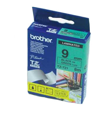 Brother TZ-721 9MM Yeşil Üzerine Siyah Laminasyonlu Etiket (T7334) - 1