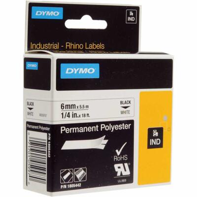 Dymo Rhino Pro 1805442 White Black Fixed Polyester Ribbon 6mm x 5.5mt 