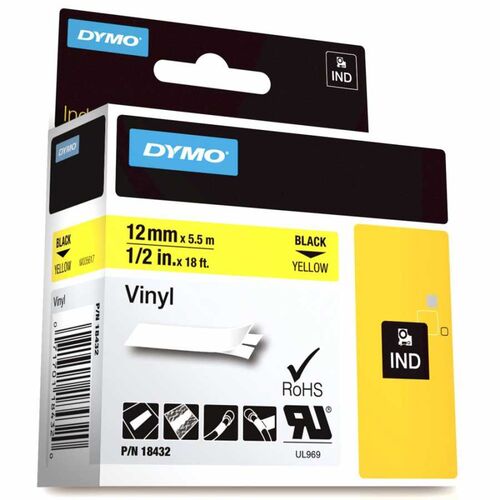 Dymo Rhinopro 18432 Sarı-Siyah 12mm x 5.5m Renkli Vinil Şerit (T16335) - 1