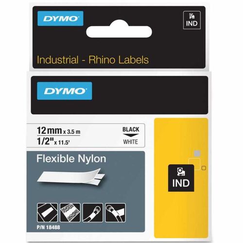 Dymo RhinoPro 18488 Beyaz/Siyah Esnek Naylon Şerit 12 mm x 3,5 m (T16352) - 1