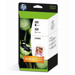 HP J3M81A (301) Dual Pack Black And Color Original Cartridge + 10 Photo Paper 