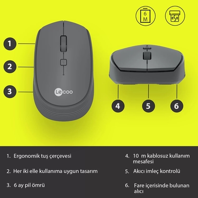 Lenovo Lecoo WS202 Kablosuz 1200DPI 4 Tuşlu Gri Optik Mouse - 3