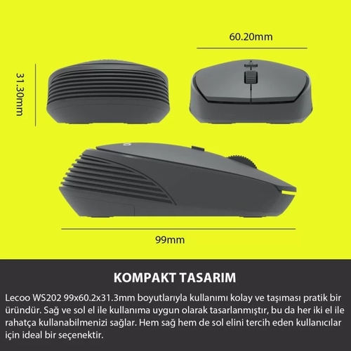 Lenovo Lecoo WS202 Kablosuz 1200DPI 4 Tuşlu Gri Optik Mouse - 5