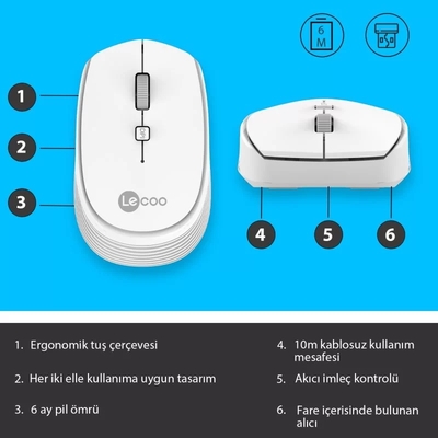 Lenovo Lecoo WS202 Kablosuz 1200DPI 4 Tuşlu Beyaz Optik Mouse - 4