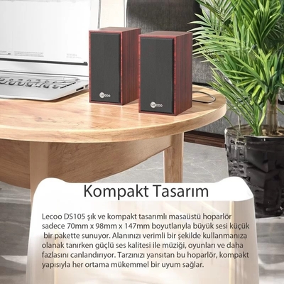 Lenovo Lecoo DS105 Kablolu USB + 3.5mm Jack Girişli 5W Stereo Kompakt Masaüstü Ahşap Hoparlör - 5