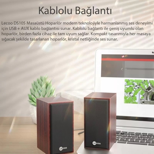 Lenovo Lecoo DS105 Kablolu USB + 3.5mm Jack Girişli 5W Stereo Kompakt Masaüstü Ahşap Hoparlör - 6