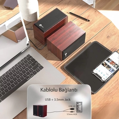 Lenovo Lecoo DS105 Kablolu USB + 3.5mm Jack Girişli 5W Stereo Kompakt Masaüstü Ahşap Hoparlör - 8