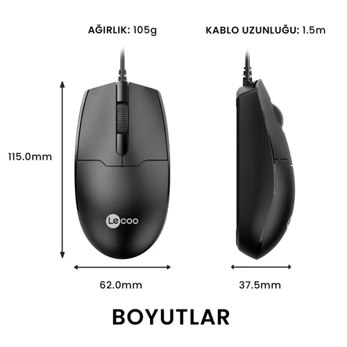 Lenovo Lecoo MS101 USB Kablolu 1200DPI 3 Tuşlu Siyah Optik Mouse - 2