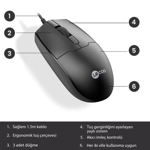 Lenovo Lecoo MS101 USB Kablolu 1200DPI 3 Tuşlu Siyah Optik Mouse - 4