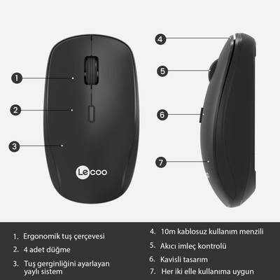 Lenovo Lecoo WS203 Kablosuz 2400DPI 4 Tuşlu Siyah Optik Mouse - 3