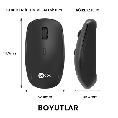 Lenovo Lecoo WS203 Kablosuz 2400DPI 4 Tuşlu Siyah Optik Mouse - 5