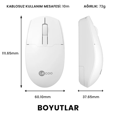 Lenovo Lecoo WS204 Kablosuz 1200DPI 3 Tuşlu Beyaz Optik Mouse - 5