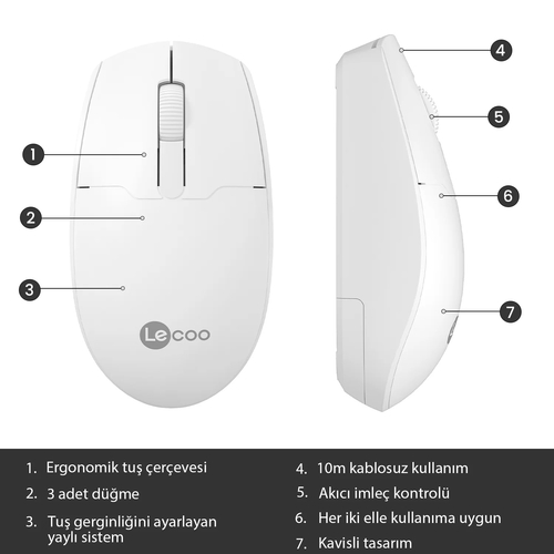 Lenovo Lecoo WS204 Kablosuz 1200DPI 3 Tuşlu Beyaz Optik Mouse - 6